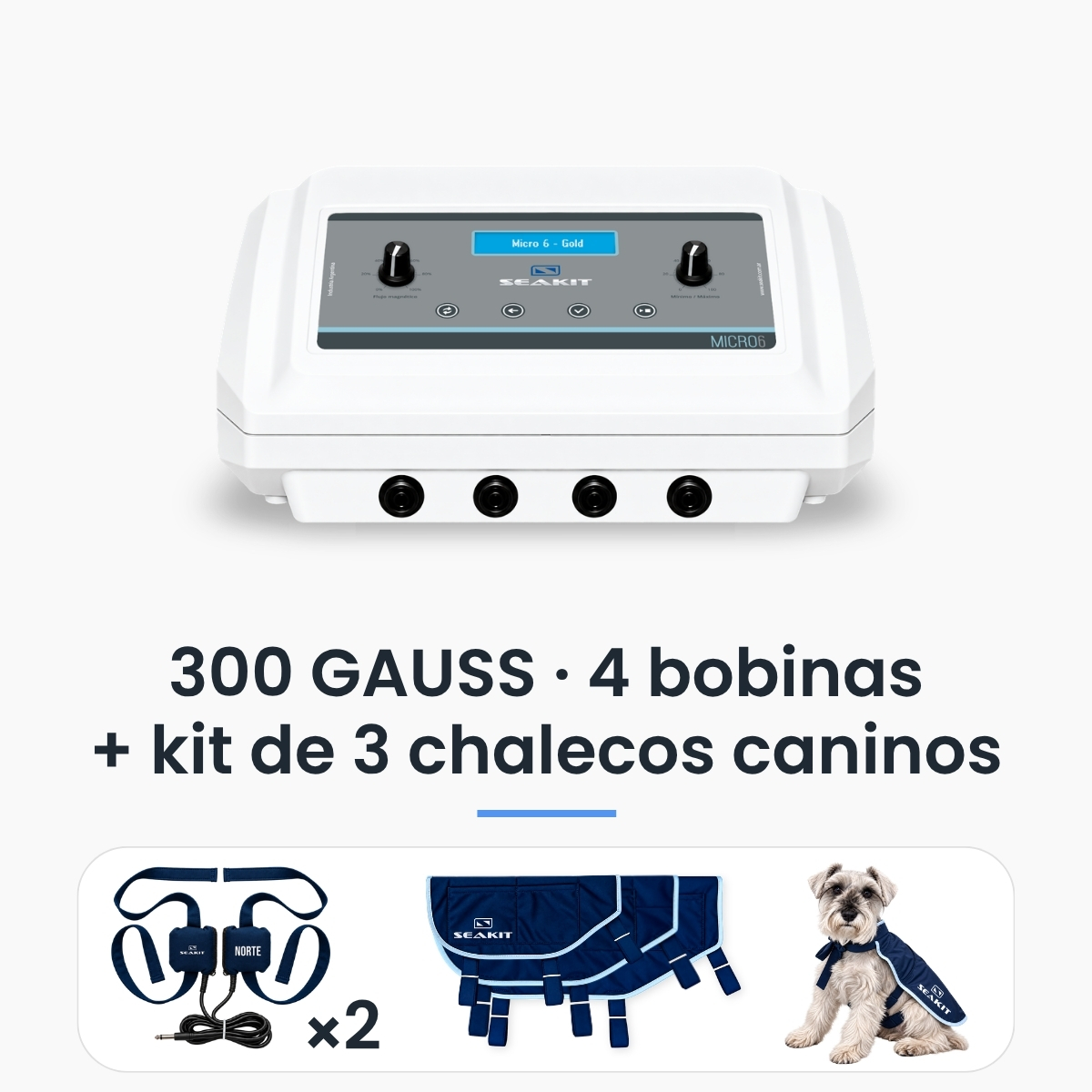 Chalecos de magnetoterapia para perros 300 Gauss con 4 bobinas Equipo Seakit Micro 6 Gold de 300 Gauss con 4 bobinas y kit de 3 chalecos de magnetoterapia para perros