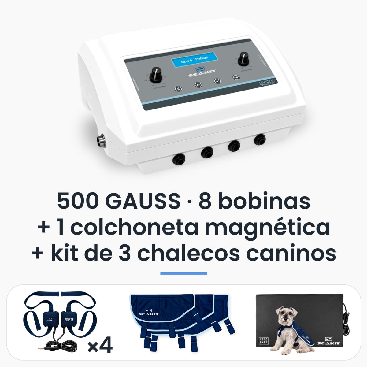 Magnetoterapia canina Micro 6 Platinum 500 GAUSS con 3 chalecos con 8 bobinas mas Colchoneta Magnética Focalizada Magnetoterapia canina Micro 6 Platinum Seakit de 500 GAUSS con kit de 3 chalecos con 8 bobinas mas Colchoneta Magnética Focalizada