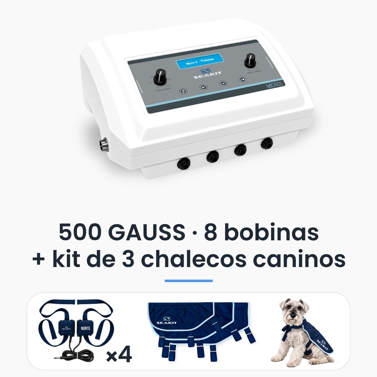Magnetoterapia canina Micro 6 Platinum 500 GAUSS con 3 chalecos y 8 bobinas Magnetoterapia canina Micro 6 Platinum Seakit de 500 GAUSS con kit de 3 chalecos y 8 bobinas