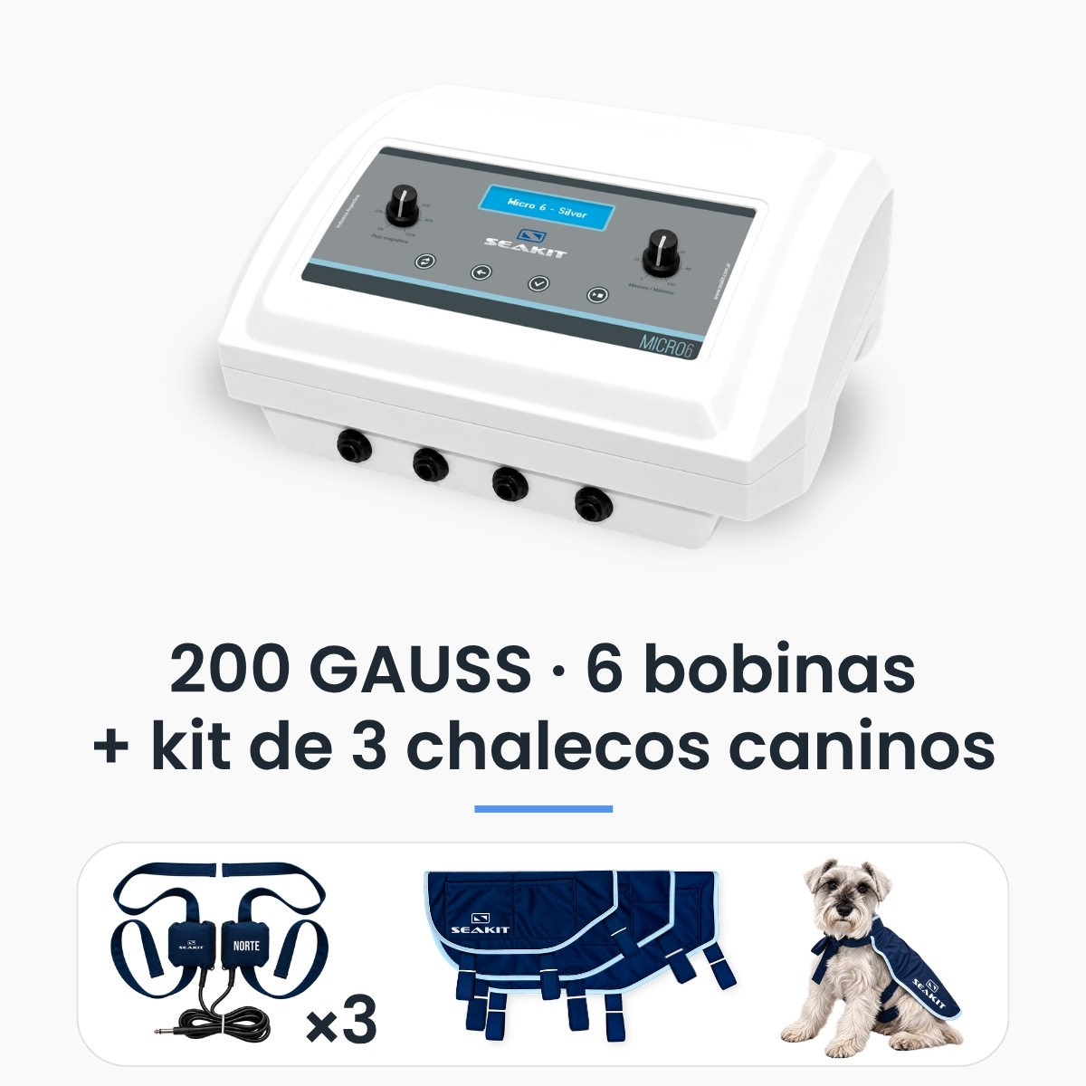 Magnetoterapia canina Micro 6 Silver 200 GAUSS con 3 chalecos y 6 bobinas Magnetoterapia canina Micro 6 Silver Seakit de 200 GAUSS con kit de 3 chalecos y 6 bobinas