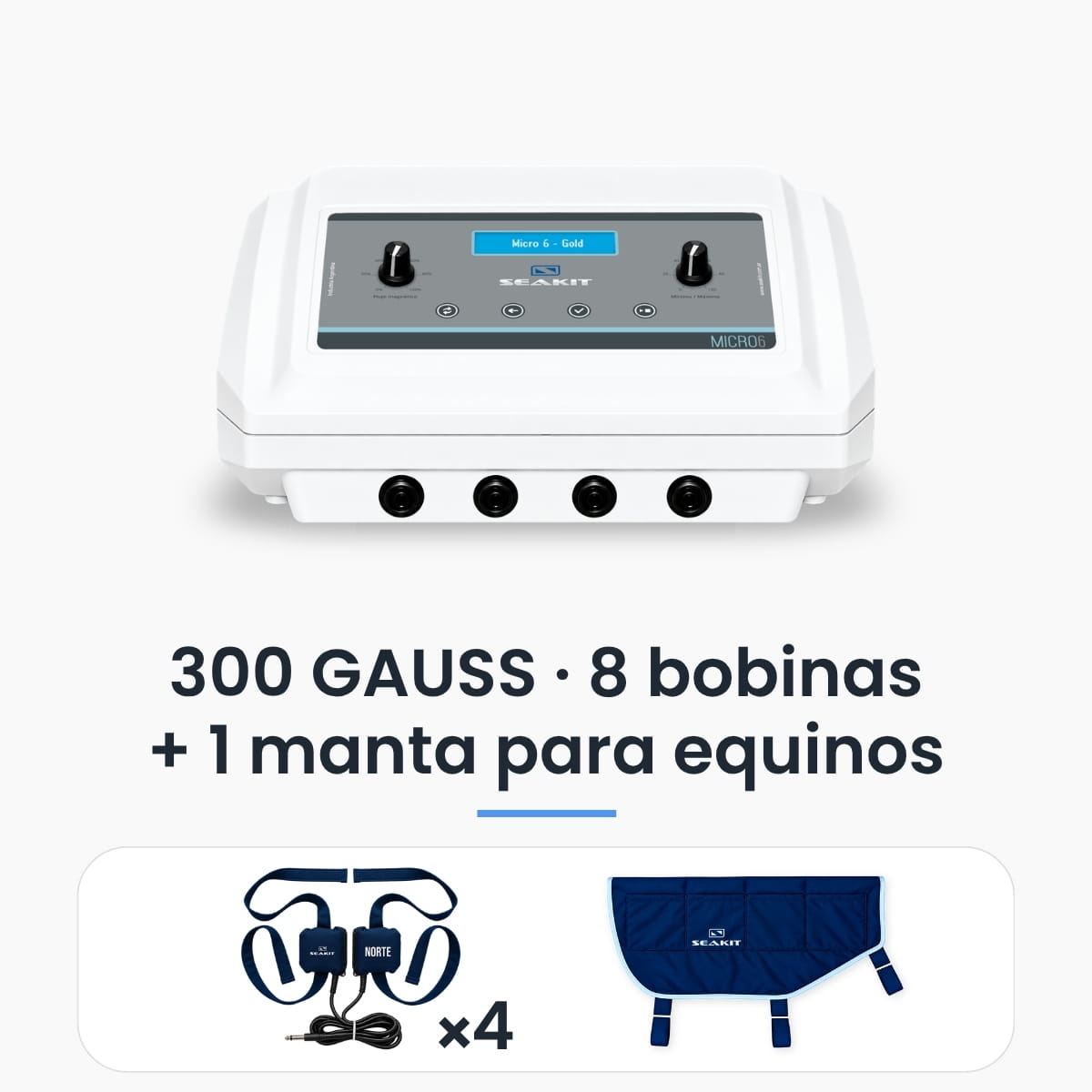 Magnetoterapia equina Micro 6 Gold 300 GAUSS con manta y 8 bobinas Magnetoterapia equina Micro 6 Gold Seakit de 300 GAUSS con manta y 8 bobinas