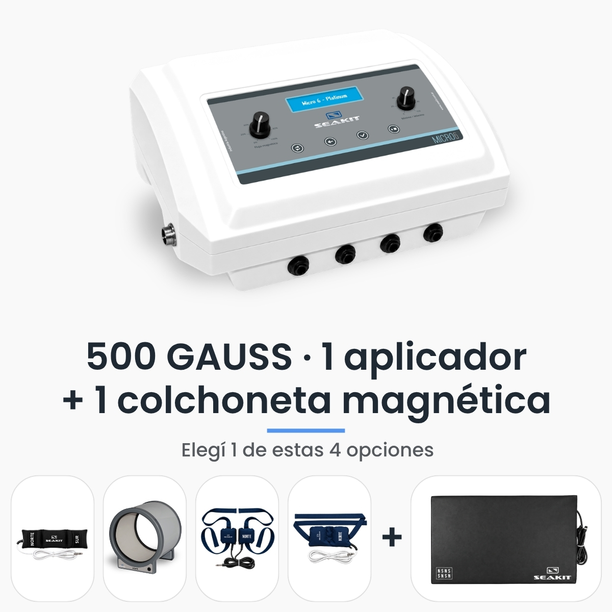 Magnetoterapia Platinum 500 GAUSS con 1 aplicador y Colchoneta Magnética Magnetoterapia Micro 6 Platinum Seakit de 500 GAUSS con 1 aplicador y Colchoneta Magnética Focalizada