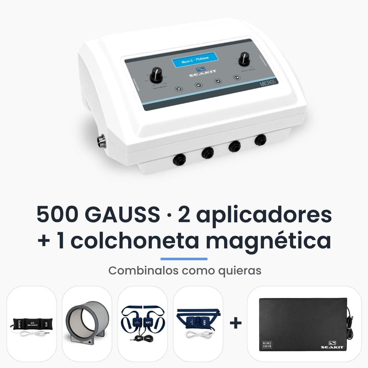 Magnetoterapia Platinum 500 GAUSS con 2 aplicadores y Colchoneta Magnética Magnetoterapia Micro 6 Platinum Seakit de 500 GAUSS con 2 aplicadores y Colchoneta Magnética Focalizada